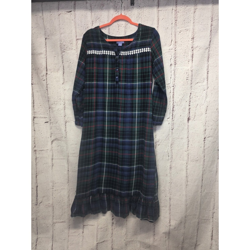 Laura Scott Women's Nightgown‎ Long Sleeved Maxi Flannel Green Plaid Cotton M